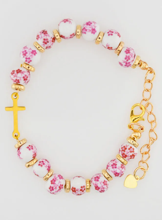Armband mit Kreuz und Keramik Perlen – Rosa (pic 1)