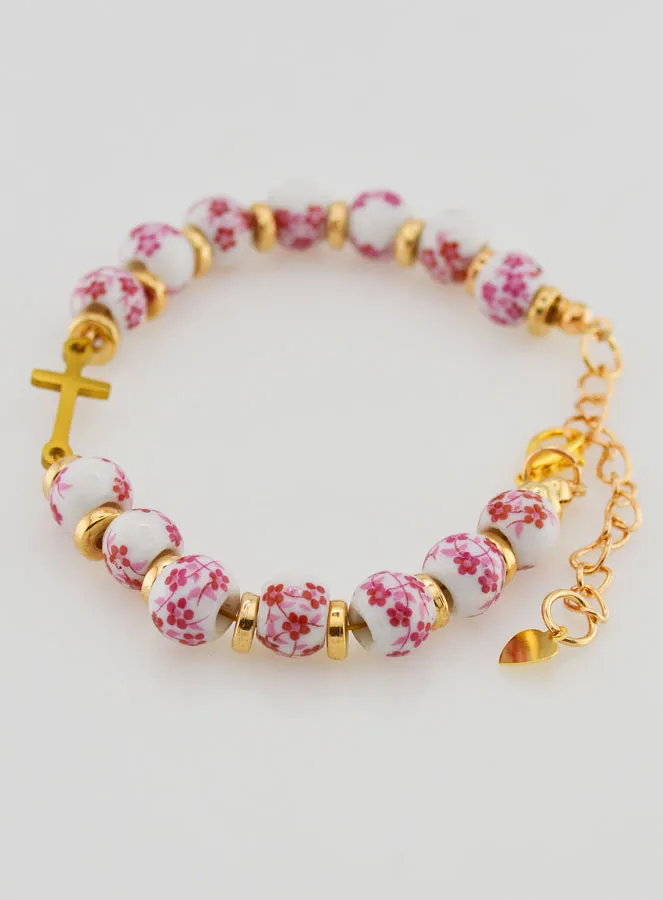 Armband mit Kreuz und Keramik Perlen – Rosa (pic 2)