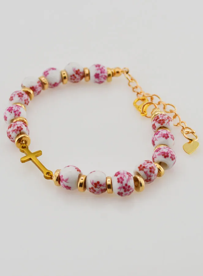 Armband mit Kreuz und Keramik Perlen – Rosa (pic 3)