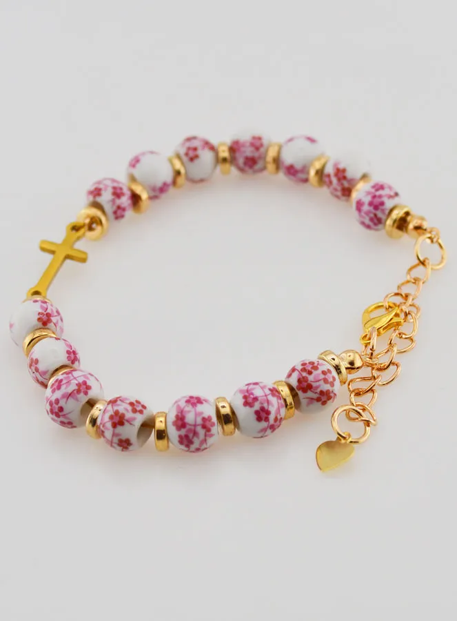 Armband mit Kreuz und Keramik Perlen – Rosa (pic 4)