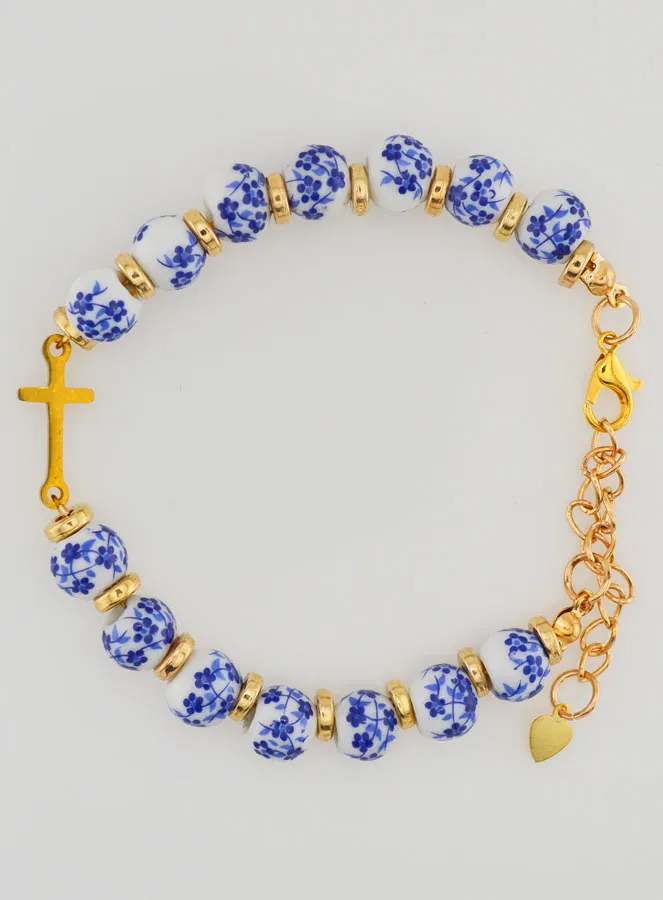 Armband mit Kreuz und Keramik Perlen – Blau (pic 1)