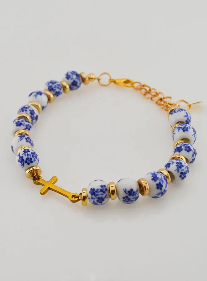 Armband mit Kreuz und Keramik Perlen – Blau (pic 3)