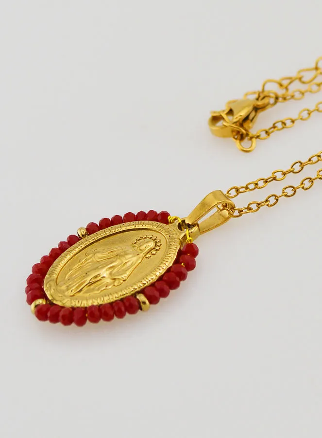 Wundertätige Medaille Facettierte Perlen mit Halskette – Rot (pic 1)