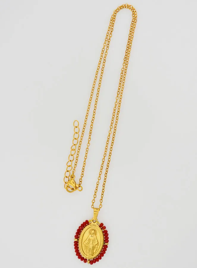 Wundertätige Medaille Facettierte Perlen mit Halskette – Rot (pic 2)