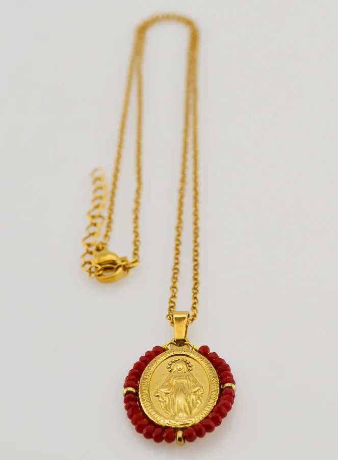 Wundertätige Medaille Facettierte Perlen mit Halskette – Rot (pic 4)
