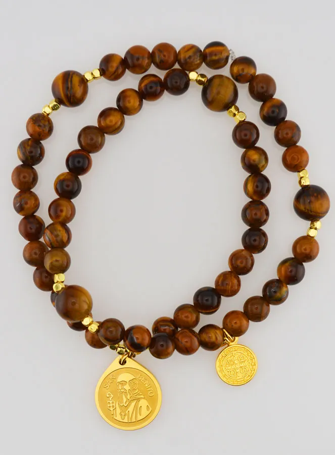 Rosenkranz aus Tigerauge Naturstein – Heiliger Benedikt (pic 1)