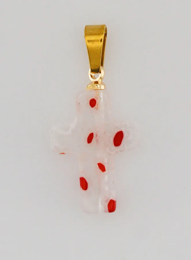 Handgefertigter Glas Kreuz Anhänger – Rote Blumen (pic 1)