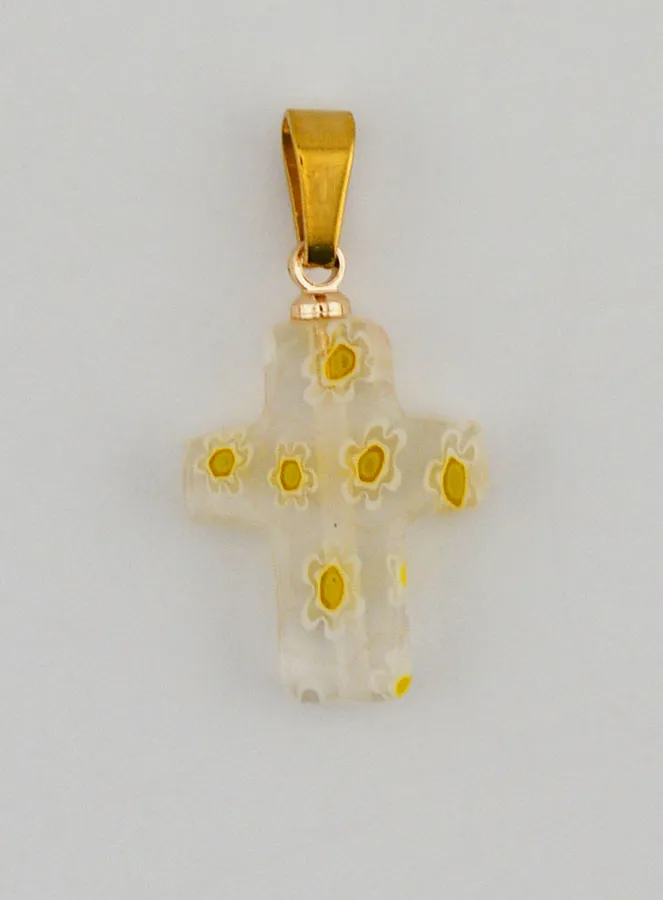 Handgefertigter Glas-Kreuz-Anhänger – Gelbe Blumen (pic 1)