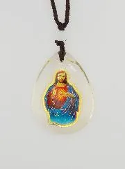 Glas-Medaille Tropfenform - Herz Jesu - mit Band