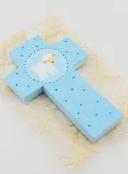 Kinderkreuz Holz Lamm Blau 12cm