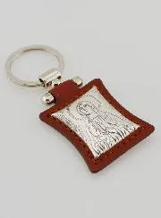 Schlüsselanhänger Madonna von Lourdes Echt Leder Braun und Silber Auflage