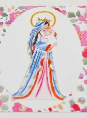 Karte zur Taufe Gekrönte Maria mit Lilie - Rosa Blumen