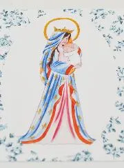 Karte zur Taufe heilige Maria Gekrönt mit Lilie - Blaue Rosen
