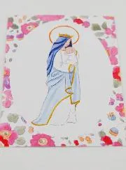 Taufkarte Gekrönte Maria mit Jesus Kind - Rosa Blumen