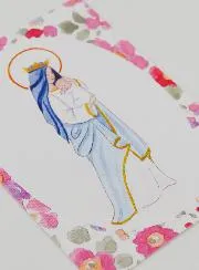 Taufkarte Gekrönte Maria mit Jesus Kind - Rosa Blumen
