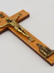 Holz Kruzifix Erscheinungen Unserer Lieben Frau von Lourdes - Goldfarben 12 cm