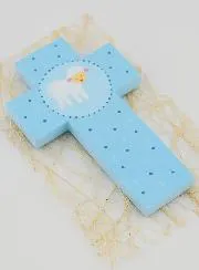 Holz-Kreuz Blau mit Lamm - Geschenk zur Taufe