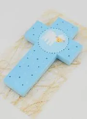 Holz-Kreuz Blau mit Lamm - Geschenk zur Taufe