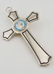 Benediktus Kreuz aus Metall Silberfarben und Medaille - 20 cm
