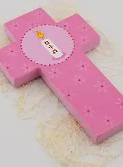 Kreuz für Kind Kerze Alpha Omega - Rosa