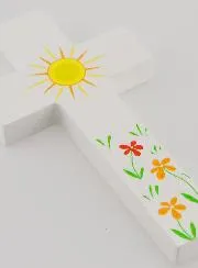 Kinderkreuz aus Holz - Sonne der Liebe und Blumen