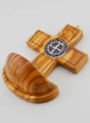 Weihwasserbecken Medaille Heiliger Benedikt & Oliven Holz - 12cm