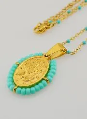 Wundertätige Medaille mit Perlen + Halskette Türkis Blaue Perlen
