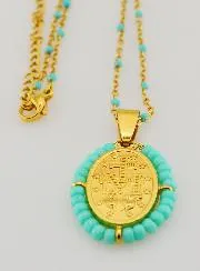 Wundertätige Medaille mit Perlen + Halskette Türkis Blaue Perlen