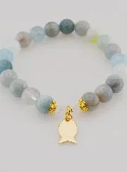 Armband aus Aquamarin Steinen 8mm und Ichthus Goldfarben
