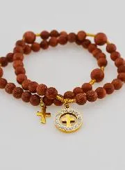 Rosenkranz Armband aus Sonnenstein – Medaille mit Kreuz und Zirkonia