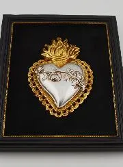 Ex Voto Wanddekoration in Gold und Silber auf Samt – Herz mit Blumen 18 cm