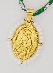 Wundertätige Medaille mit Perlen - Grünes Liberty Band