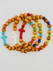 3er-Set Religiöse Armbänder aus Holz mit Kreuz