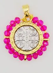 Medaille des Heiligen Benedikt aus Messing und Rosa Glas