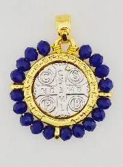 Medaille des Heiligen Benedikt - Messing und Blaues Glas