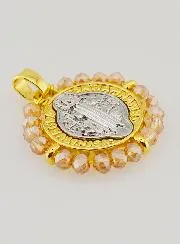 Medaille H. Benedikt aus Messing und Hell Rosa Glas
