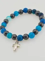 Armband mit Kreuz – Blauer Achat und Hämatit 8mm