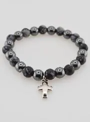 Armband mit Kreuz – Hämatit und Schneeflocken Obsidian