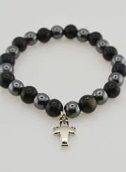 Armband mit Kreuz – Hämatit und Goldener Obsidian