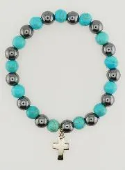 Religiöses Armband mit Kreuz – Hämatit und Türkis