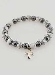Religiöses Armband mit Kreuz - Hämatit und Howlith