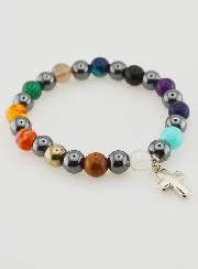 Religiöses Armband mit Kreuz - Hämatit und Steine