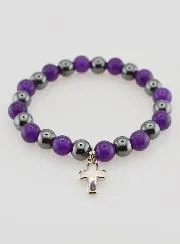 Religiöses Armband mit Kreuz - Hämatit und Amethyst