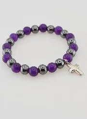 Religiöses Armband mit Kreuz - Hämatit und Amethyst