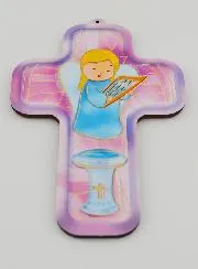 Holzkreuz Kind - Engel mit Harfe