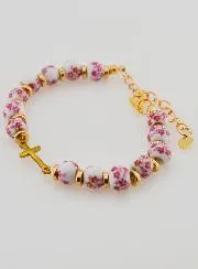 Armband mit Kreuz und Keramik Perlen – Rosa
