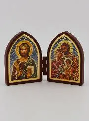 Mini Diptychon Ikone – Christus Pantokrator und Heilige Familie