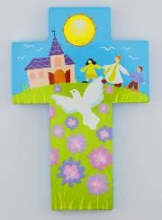 Kinderkreuz aus Holz – Priester und Taube