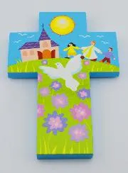 Kinderkreuz aus Holz – Priester und Taube