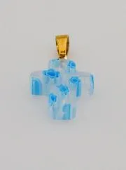 Handgefertigter Glas Kreuz Anhänger – Weiß und Blau